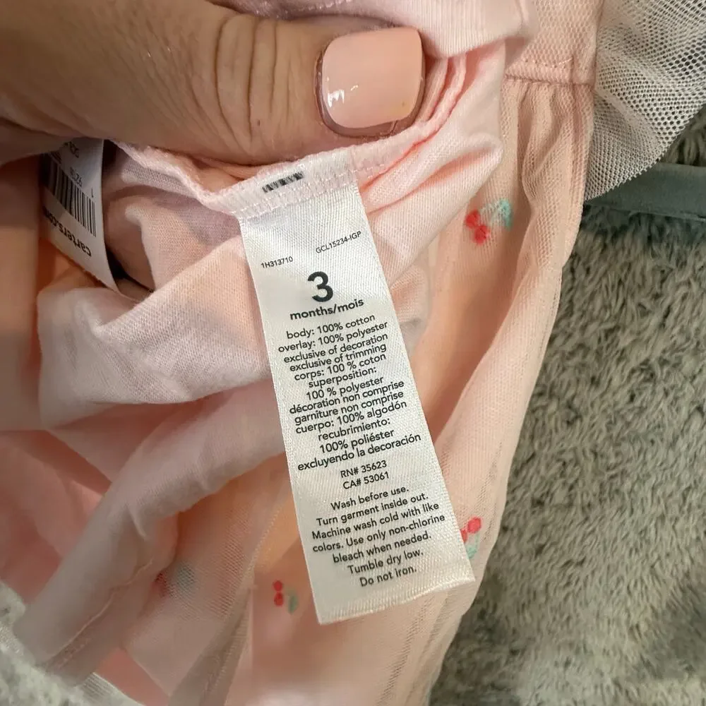 NWT Carter's Baby Girl Dress 3 Months Blush Pink Tulle Cherry Print Babydoll